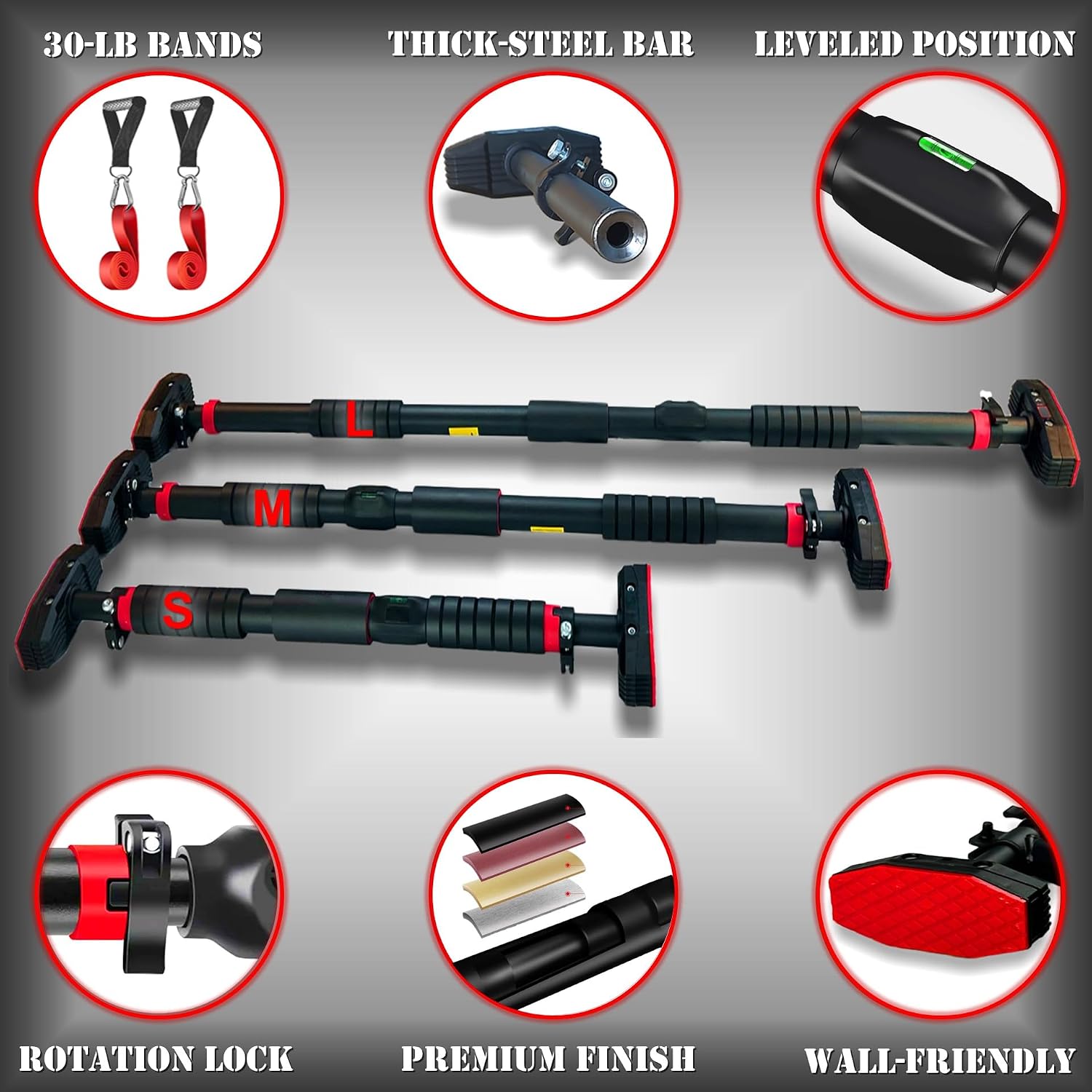 Pull Up Bar for Hallway or Doorway 6-piece Set with Two Attachable Resistance Bands/Handles, Training Manuals, No