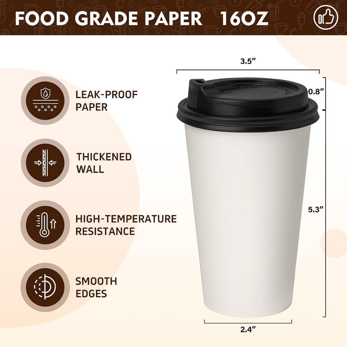 16 oz Disposable Coffee Cups with Lids 100 Pack