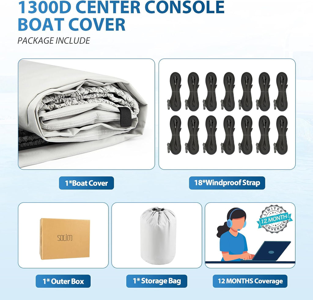 16'-18.5' Center Console Boat Cover, 1300D PU Waterproof Trailerable | Marine Grade Oxford Fabric, UV & Tear