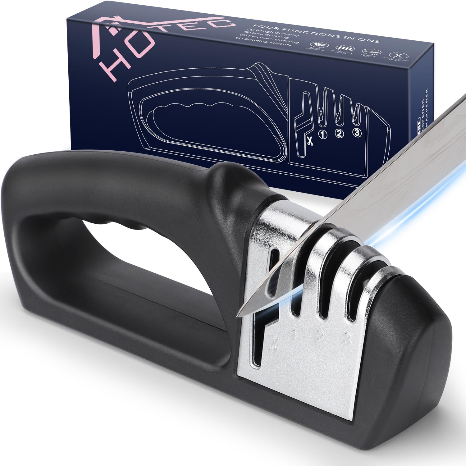 4in1 Knife Sharpener, 3 Stage Manual Sharpener for Sharpening Kitchen Knives 1 Stage for Scissors- Ceramic Stone