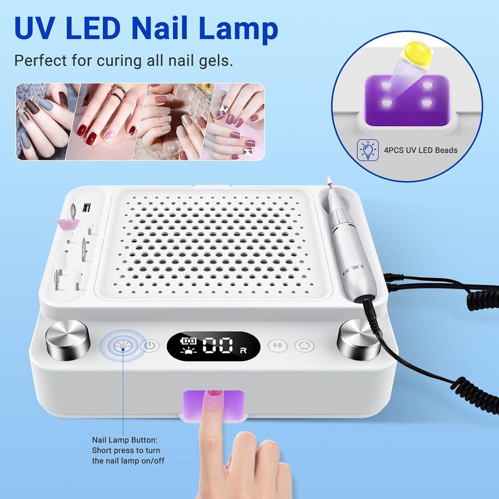 4-in-1 Nail Dust Collector,Electric Nail Drill,UV LED Lamp & Fill Light | Professional 40000 RPM Electric Nail