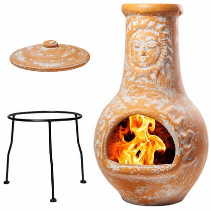 Terracotta Chimenea Outdoor Fireplace, Clay Chiminea with Lid & Metal Stand