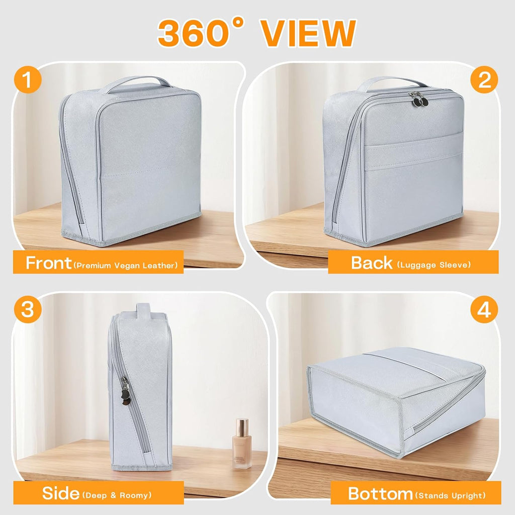 Women Large Leather Cosmetic Bag Travel Stand Makeup bag, silver
