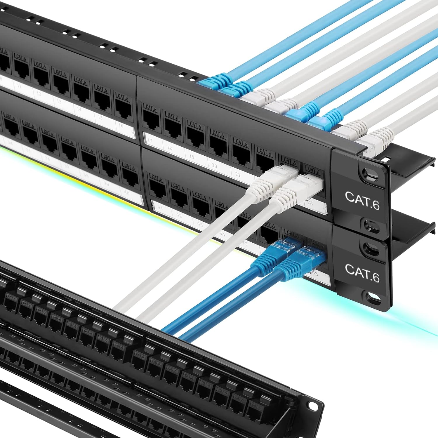 48 Port Cat6 Patch Panel with Inline Keystone 10G Support, Pass-Thru Coupler UTP 19-Inch, Removable Back Bar, 1U
