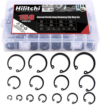 Hilitchi 150-Pcs [15-SIZE] Alloy Steel Internal Circlip Snap Retaining Clip Ring Assortment Kit - Size: 8mm to 36mm