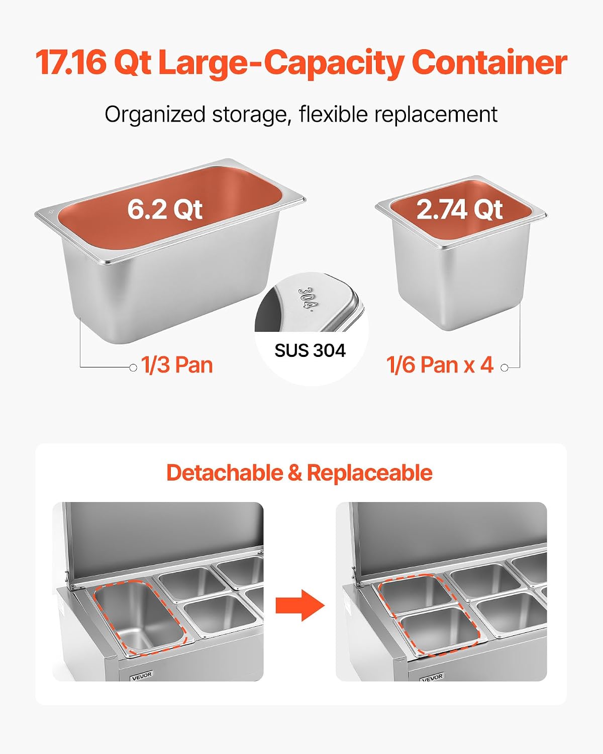 Refrigerated Condiment Prep Station, 120 W Countertop Refrigerated Condiment Station, with One 1/3 Pan & Four 1/6