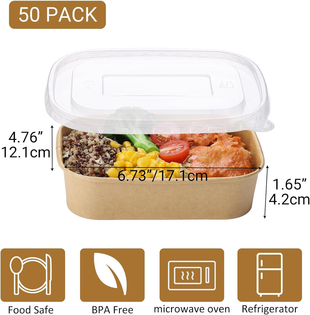 50 Sets 17oz Disposable Kraft Paper Bowls with Lids, Rectangle