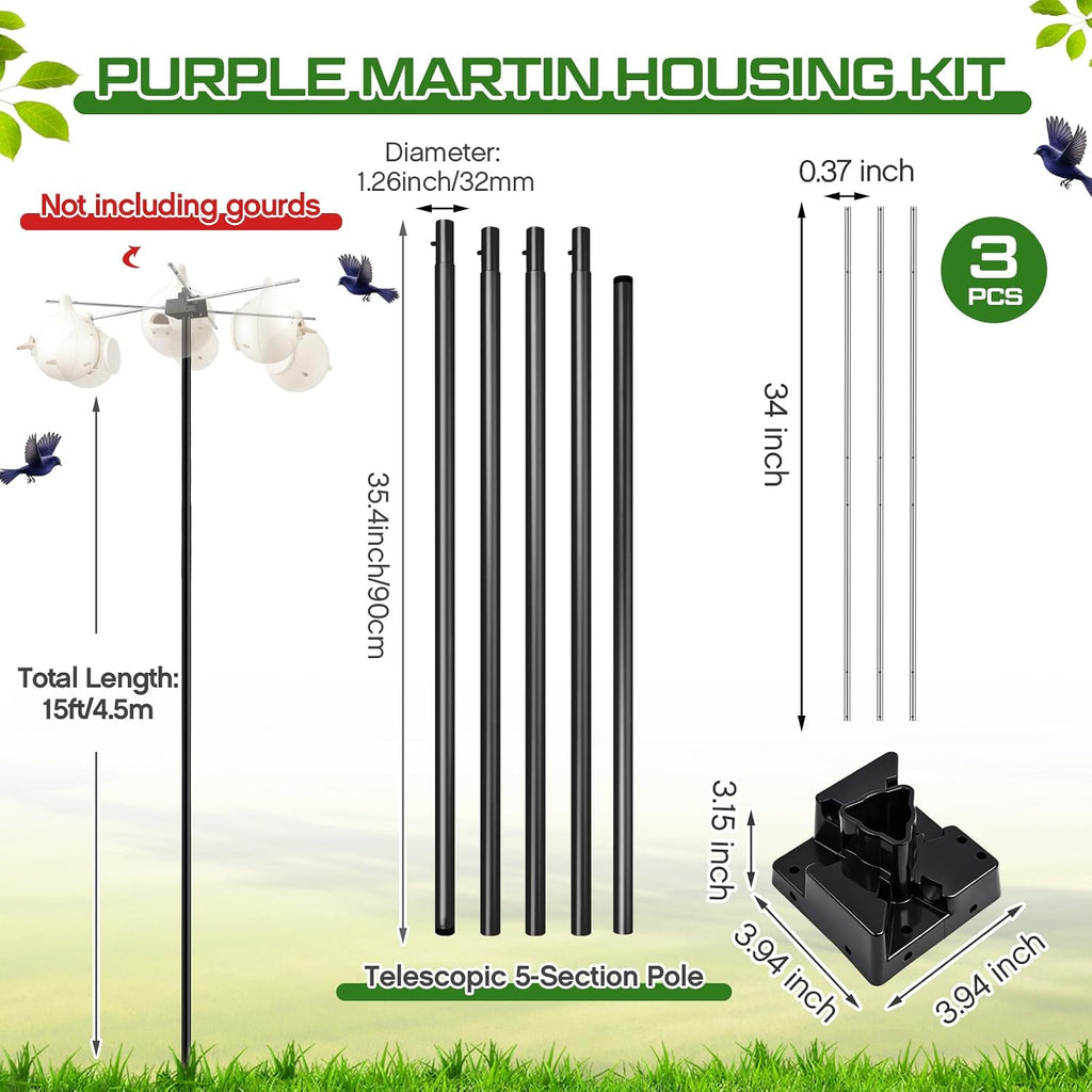 15' Telescoping Martin House & Gourd Pole, Purple Martin Housing Kit Durable Birdhouse Mounting System with Gourd