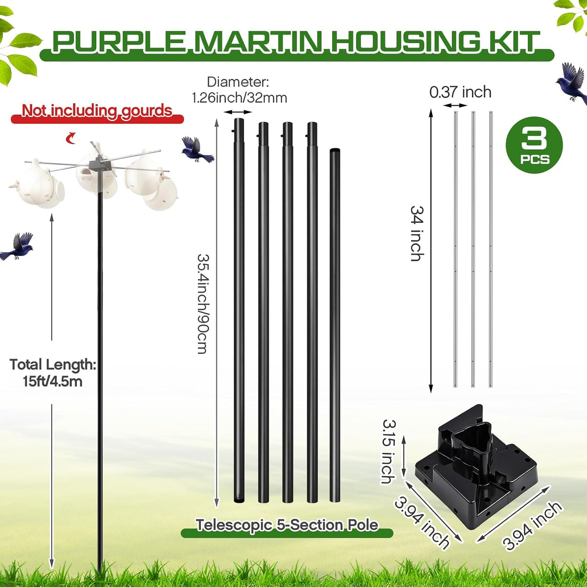15' Telescoping Martin House & Gourd Pole, Purple Martin Housing Kit Durable Birdhouse Mounting System with Gourd