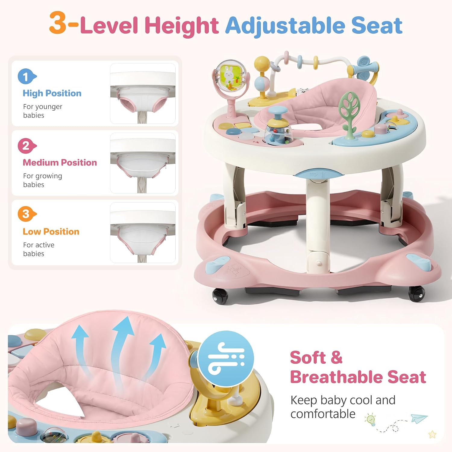 Baby Walker with Wheels, Foldable Baby Walker for Baby 6-12 Months, 3-Position Rotating Seat with Interactive