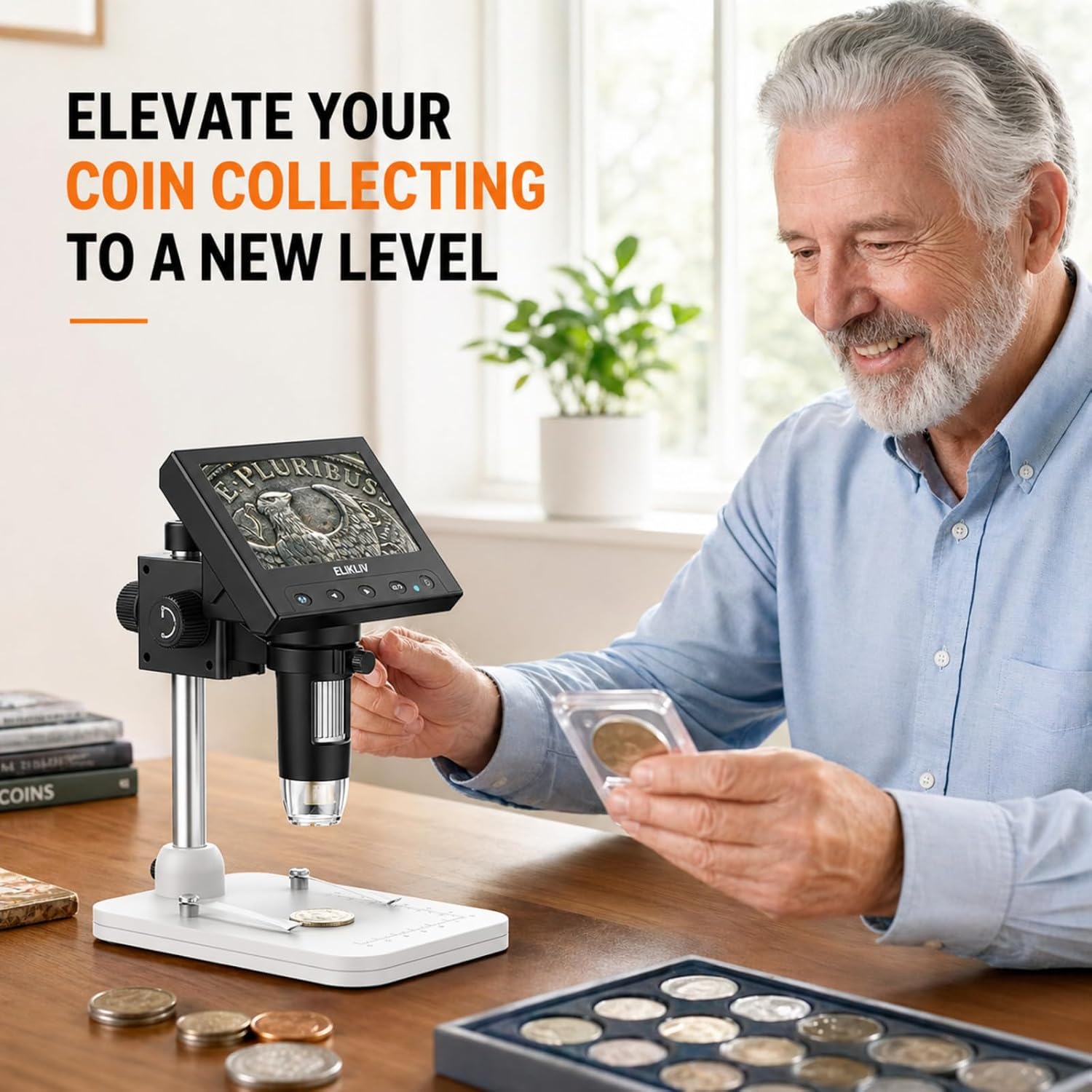Microscope, LCD Digital Coin Microscope 1000x, Coin Magnifier with 8 Adjustable LED Lights, PC View Compatible with