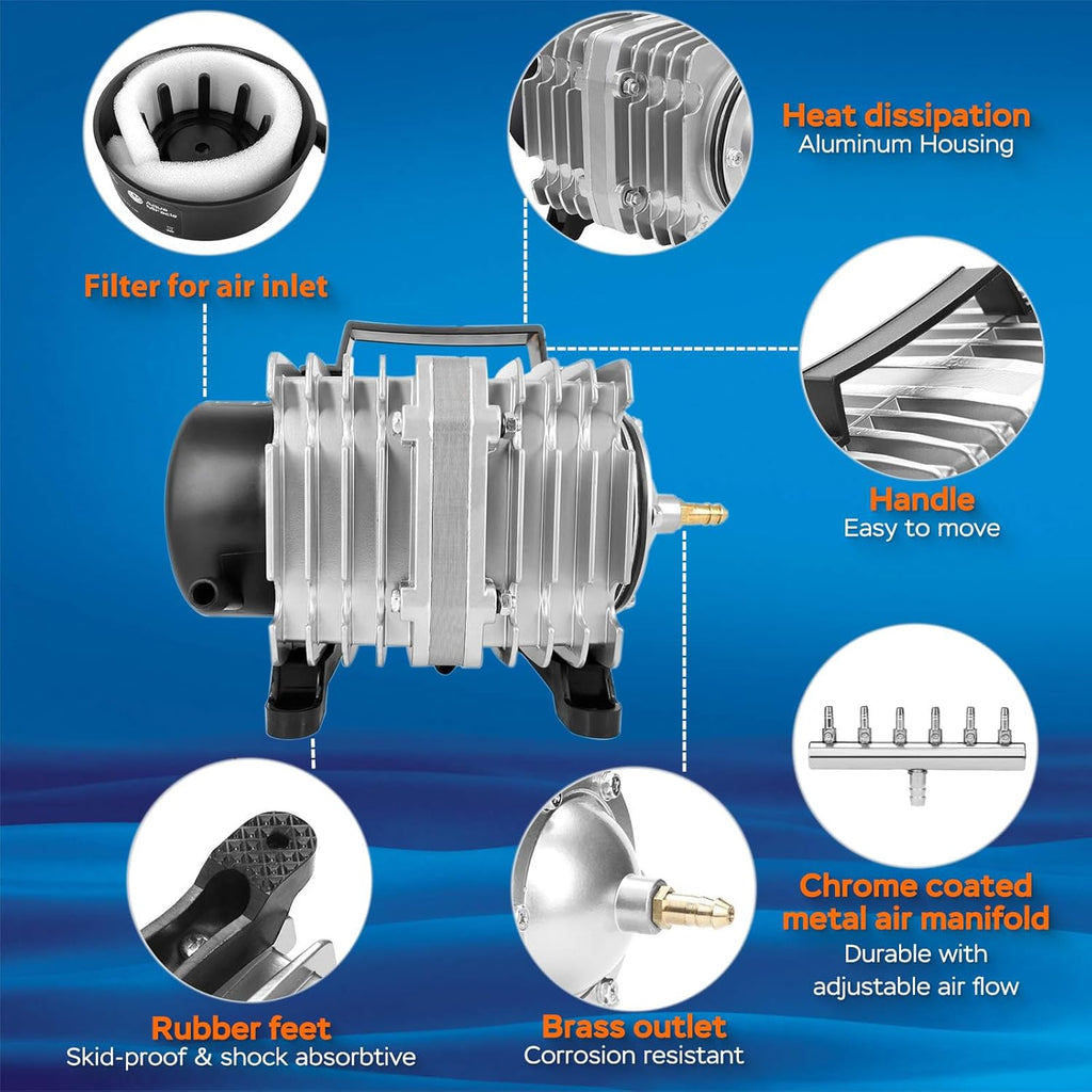 Aquarium Air Pump Commercial Air Pump with Aluminum Housing, 600/1000/1200/1750GPH Fish Tank Bubbler Pond Aerator for