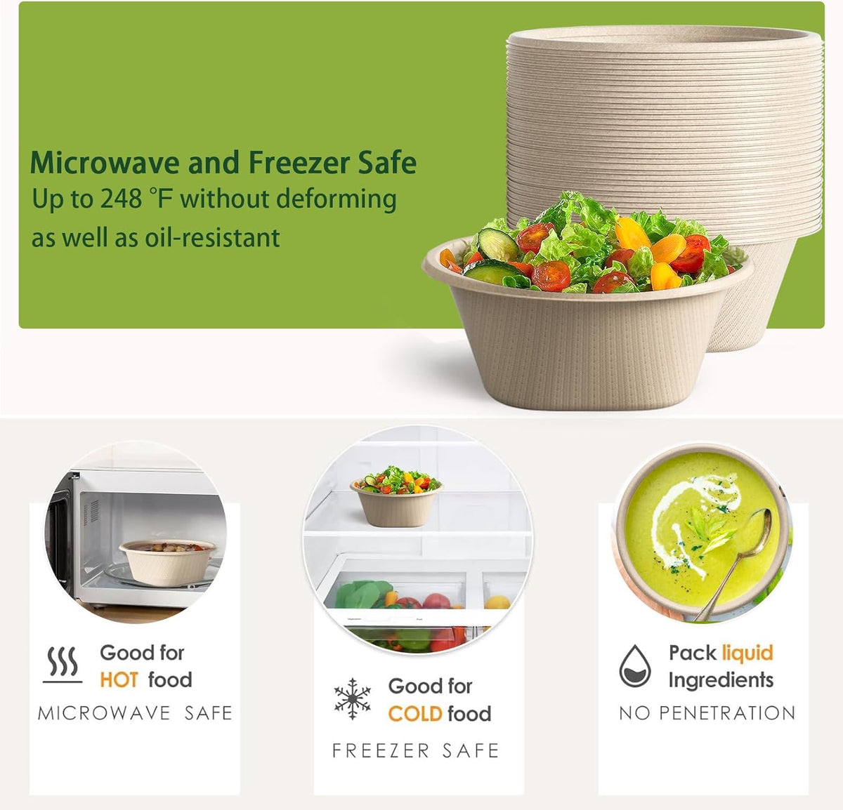 Large Disposable Bowl - Heavy Duty Paper Bowls - Made from Sugarcane and Bamboo Fiber, Microwave Safe - 48 Oz Paper