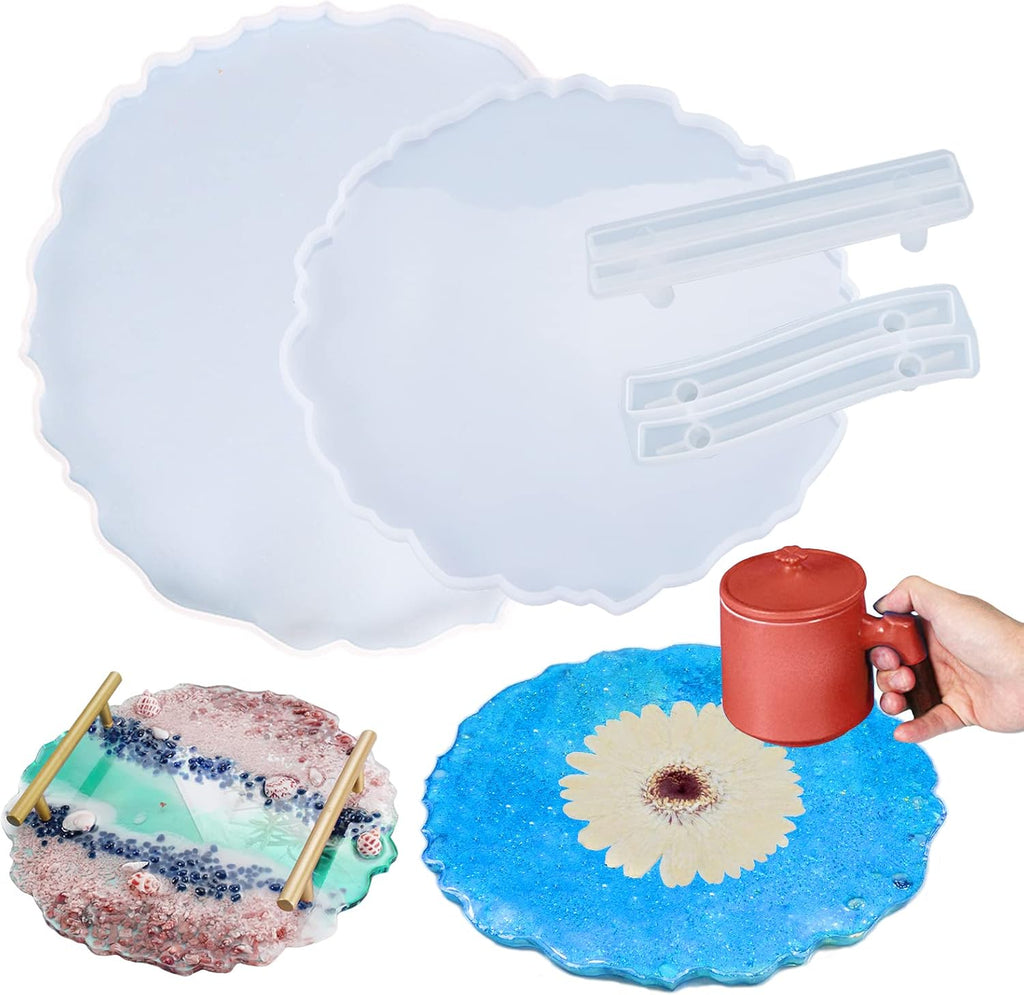 2 Size Large Silicone Tray Molds with Handles Molds 13 Inches Round Big Tray Resin Mold Irregular Geode Coasters