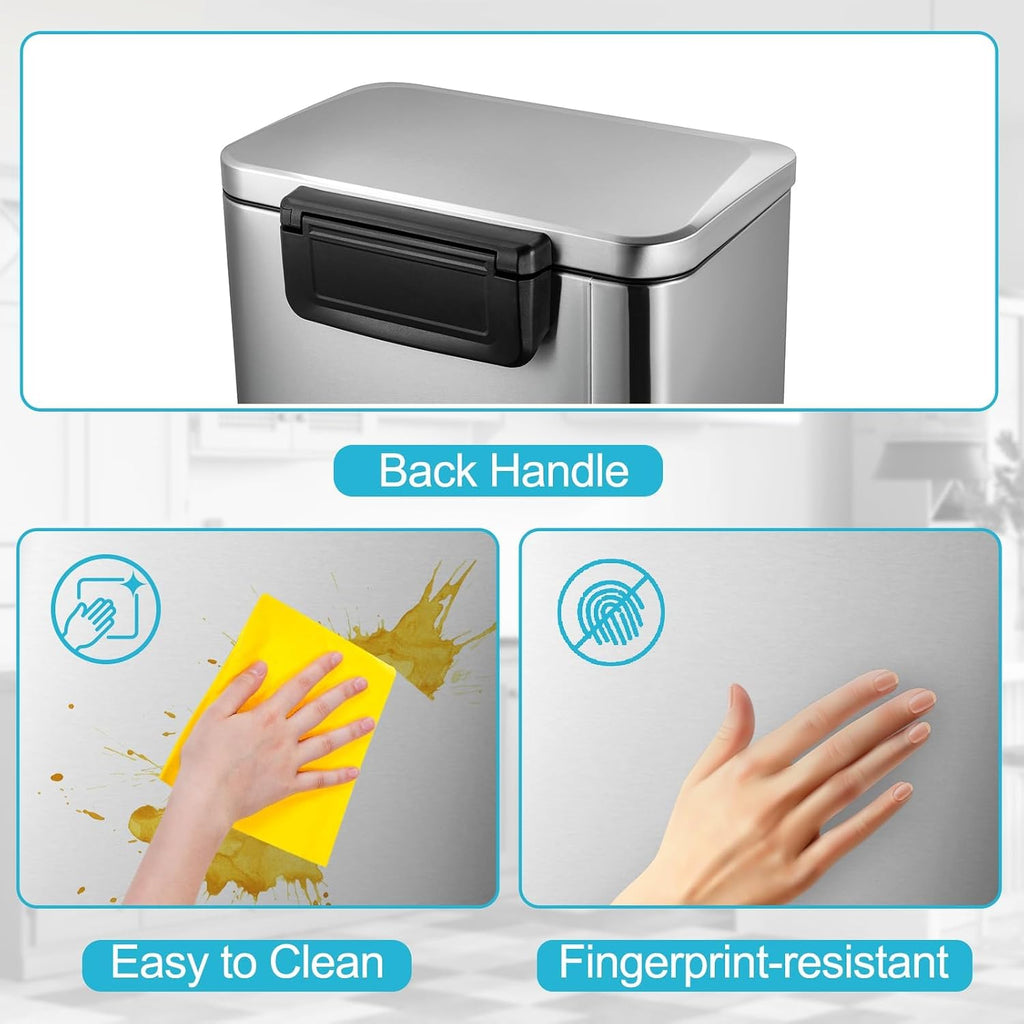 Hands-Free Pedal Kitchen Trash Can – 13 Gallon Stainless Steel Garbage Bin with Lid, Rectangular, Soft Close