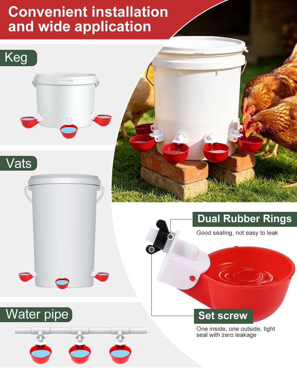 Chicken Waterer Cups (8 Pack) with 3/8" Drill Bit - Red | Automatic Poultry Drinker Feeder Kit for Chickens, Ducks