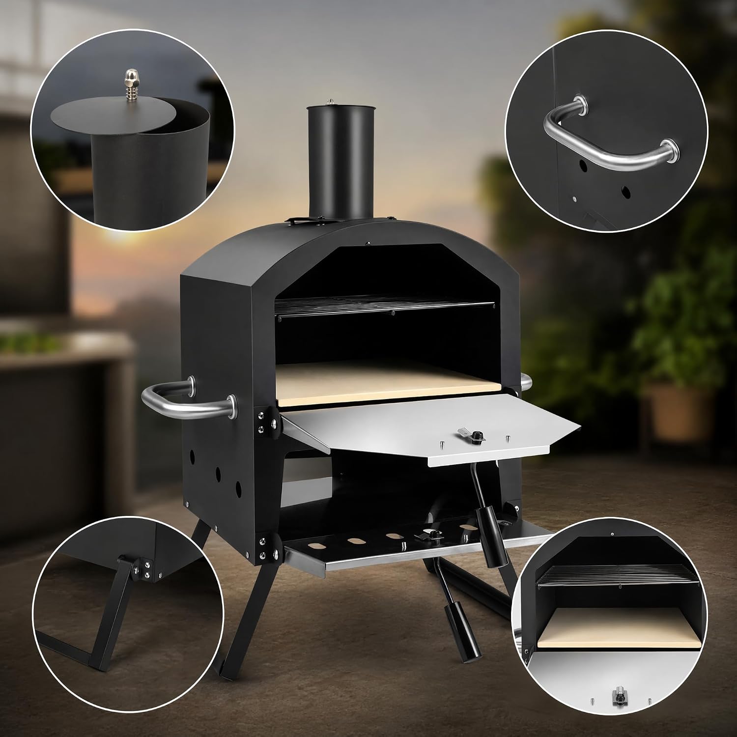 Wood Fired Outdoor Pizza Oven, Portable 2-Layer Pizza Maker with 12" Pizza Stone & Waterproof Cover – Folding Legs