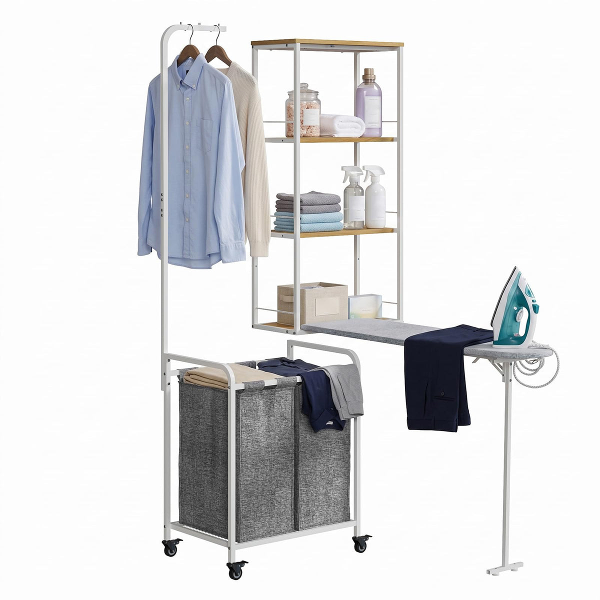 Laundry Sorter with Hanging Bar for Laundry Room, Foldable Ironing Board