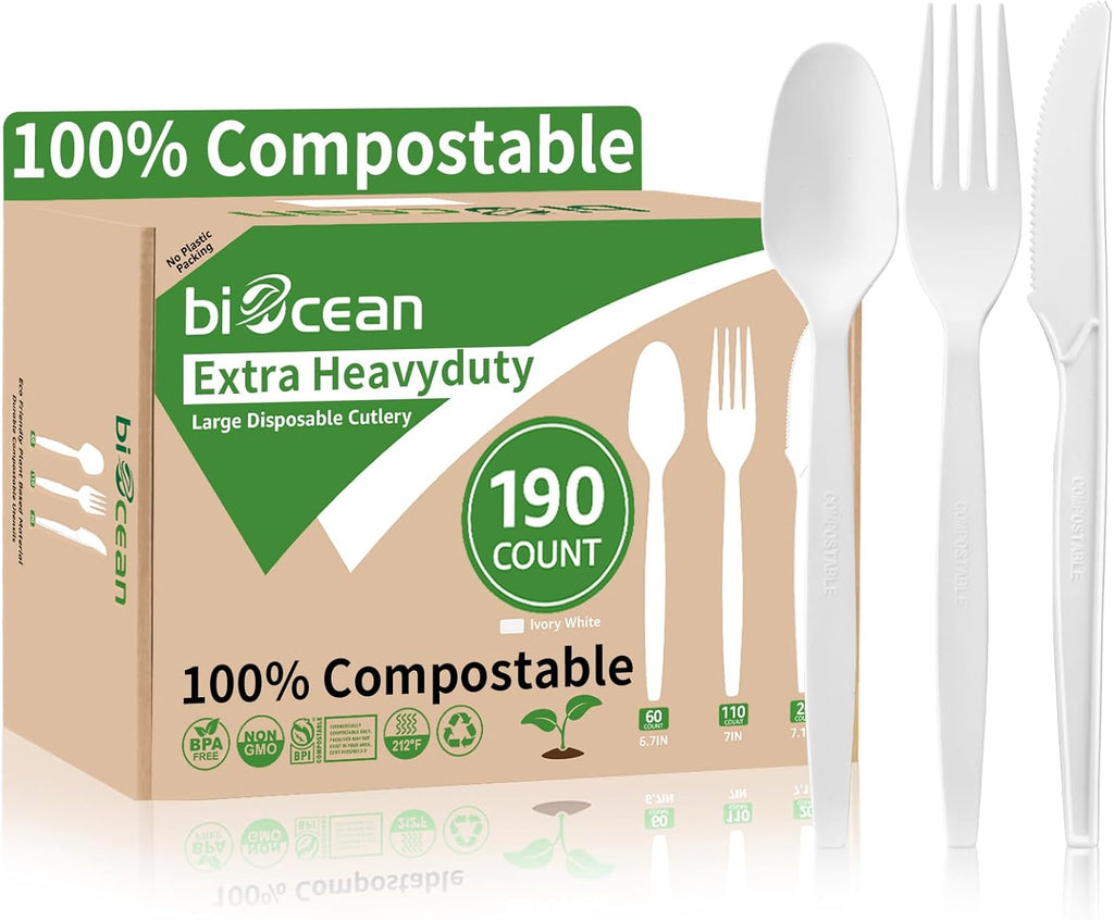 Extra Heavyduty Compostable Cutlery Set - 190 Count Large Disposable Utensils No Plastic Forks Spoons Knives