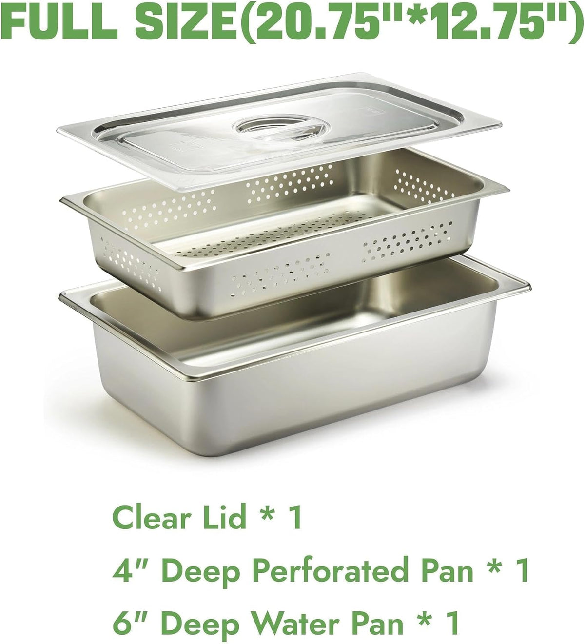 Full Size 4" Deep Perforated Hotel Pan with 6" Deep Water Pan & Clear Lid, Display Tray Condiment Serving Container