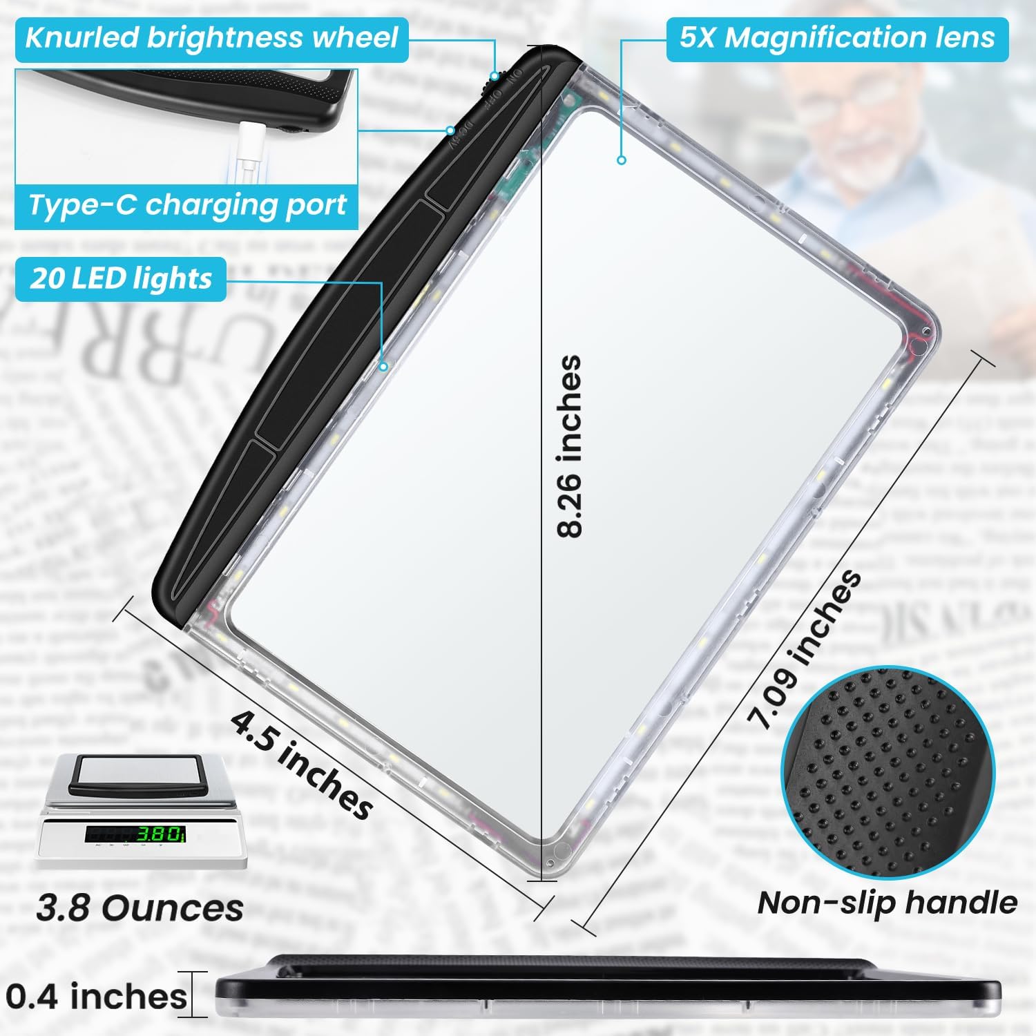 Rechargeable 5X Magnifying Glass for Reading, Large Bright Full Page Magnifier with Light, Handheld LED Dimmable