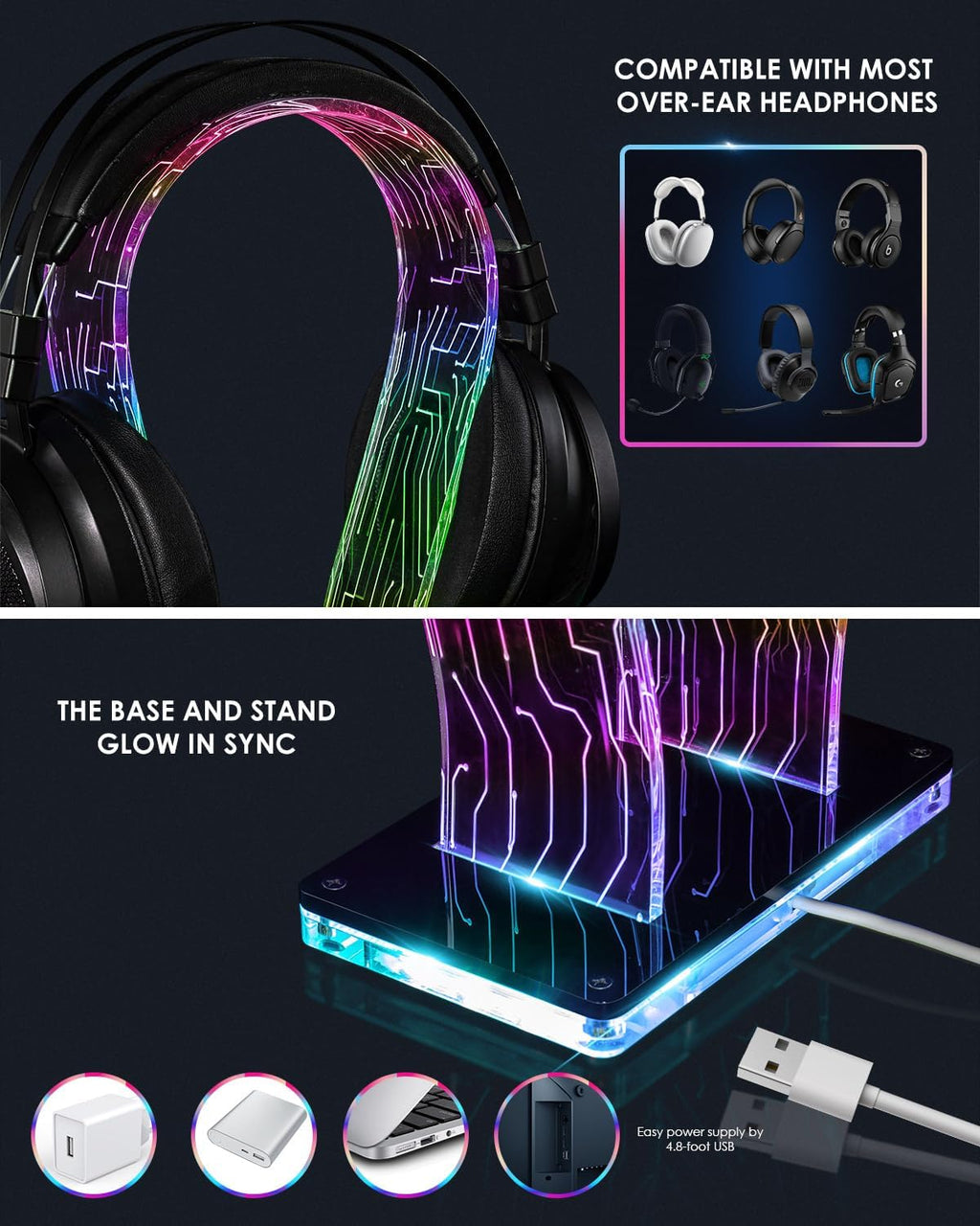 LED Gaming Headphone Stand - RGB Headset Holder for Desk with 60,000+ Colors & App Control, Premium Acrylic USB Light