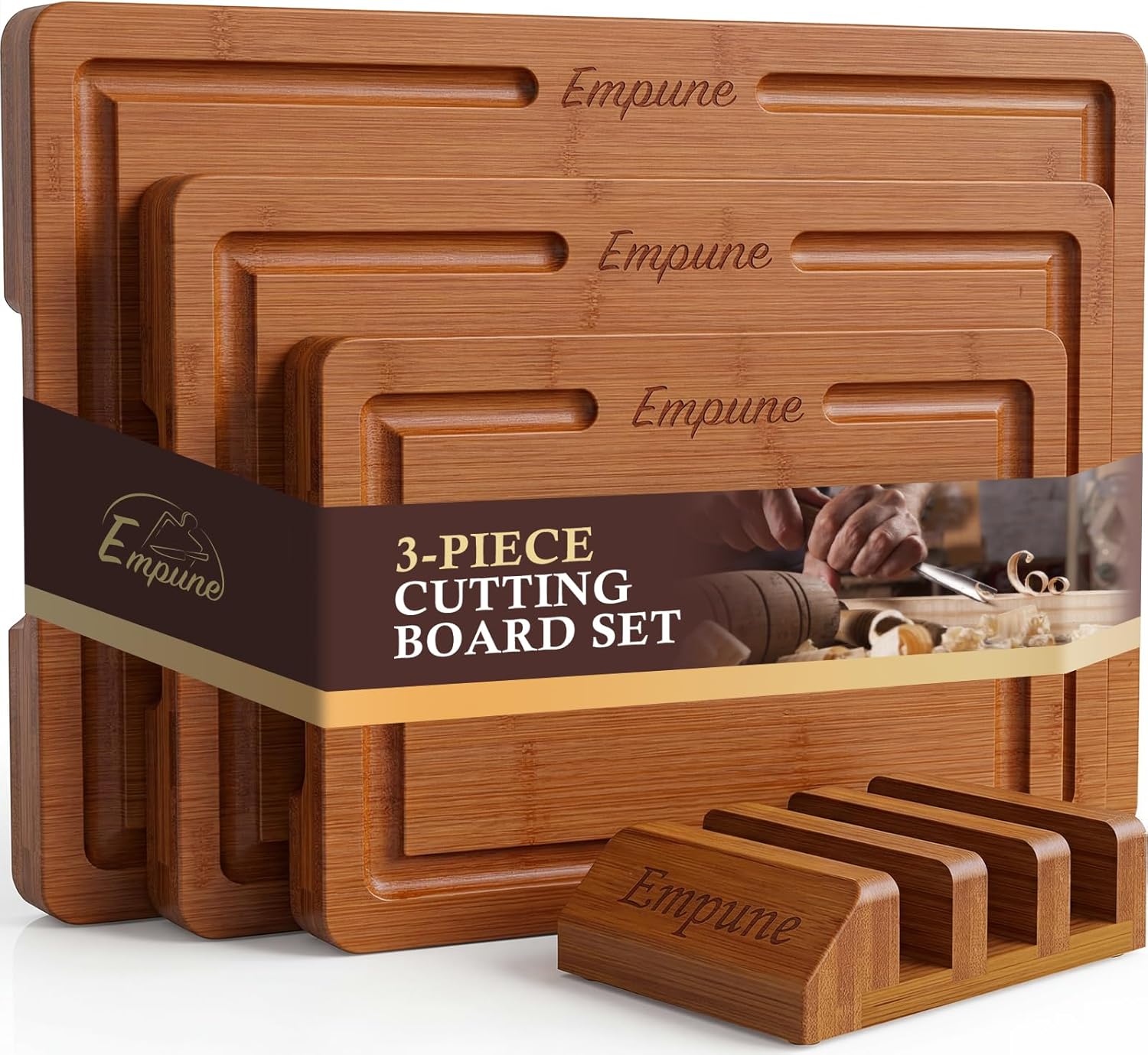 Bamboo Cutting Boards for Kitchen, 3 Piece Extra Thick Cutting Board Set with Juice Groove, Deep Carbonized Bamboo