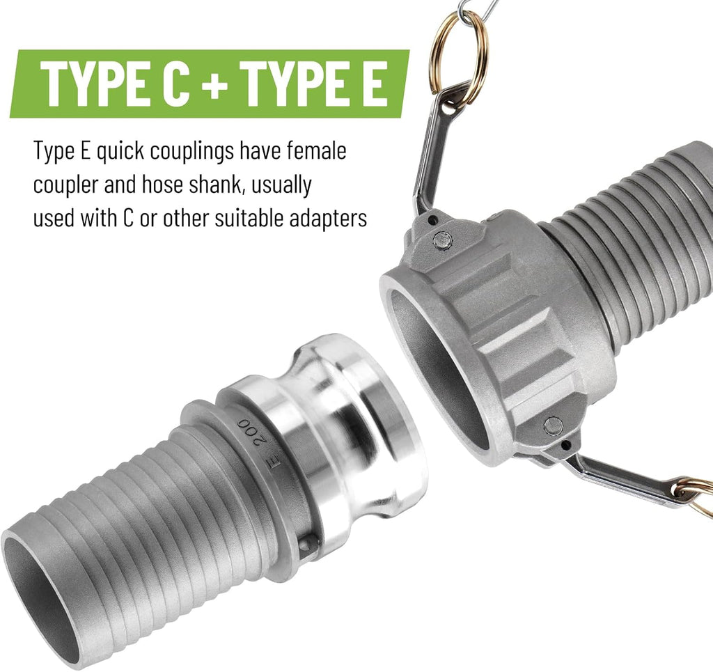 2 Pcs 2" Aluminum Camlock Fittings Type C + 2 Pcs 2" Type E Hose Fitting