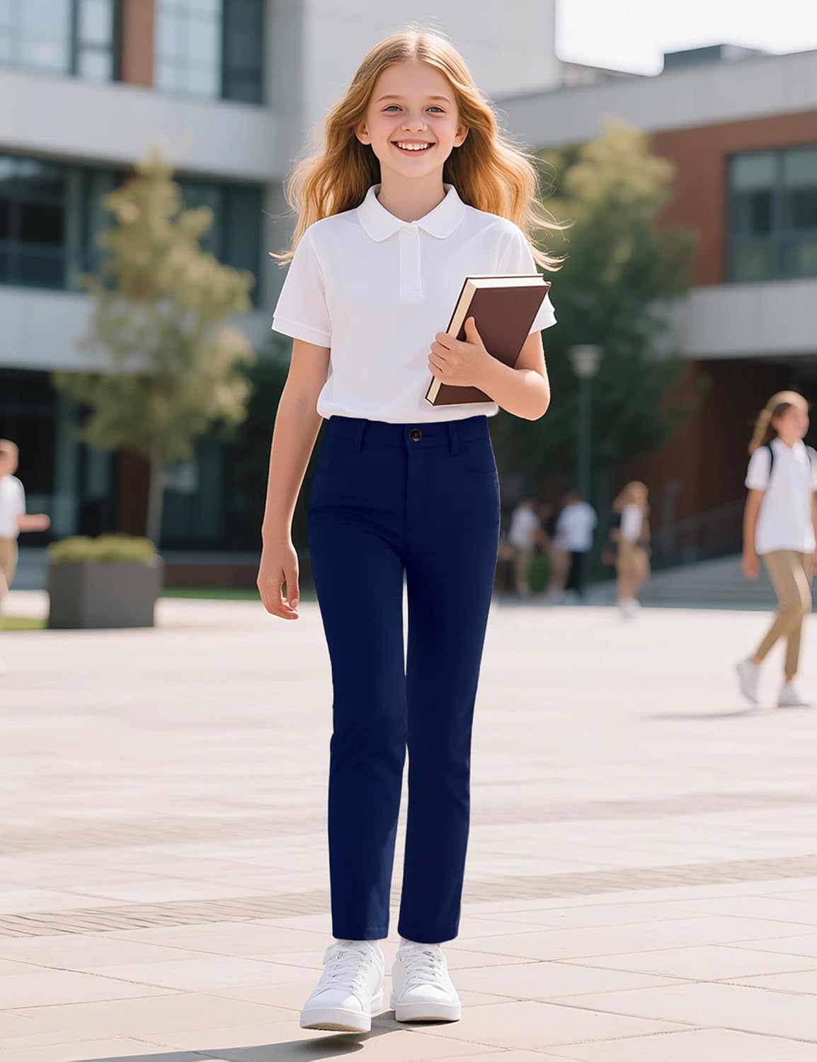 Girls School Uniform Slim Fit Pants with Pockets School Skinny Pants