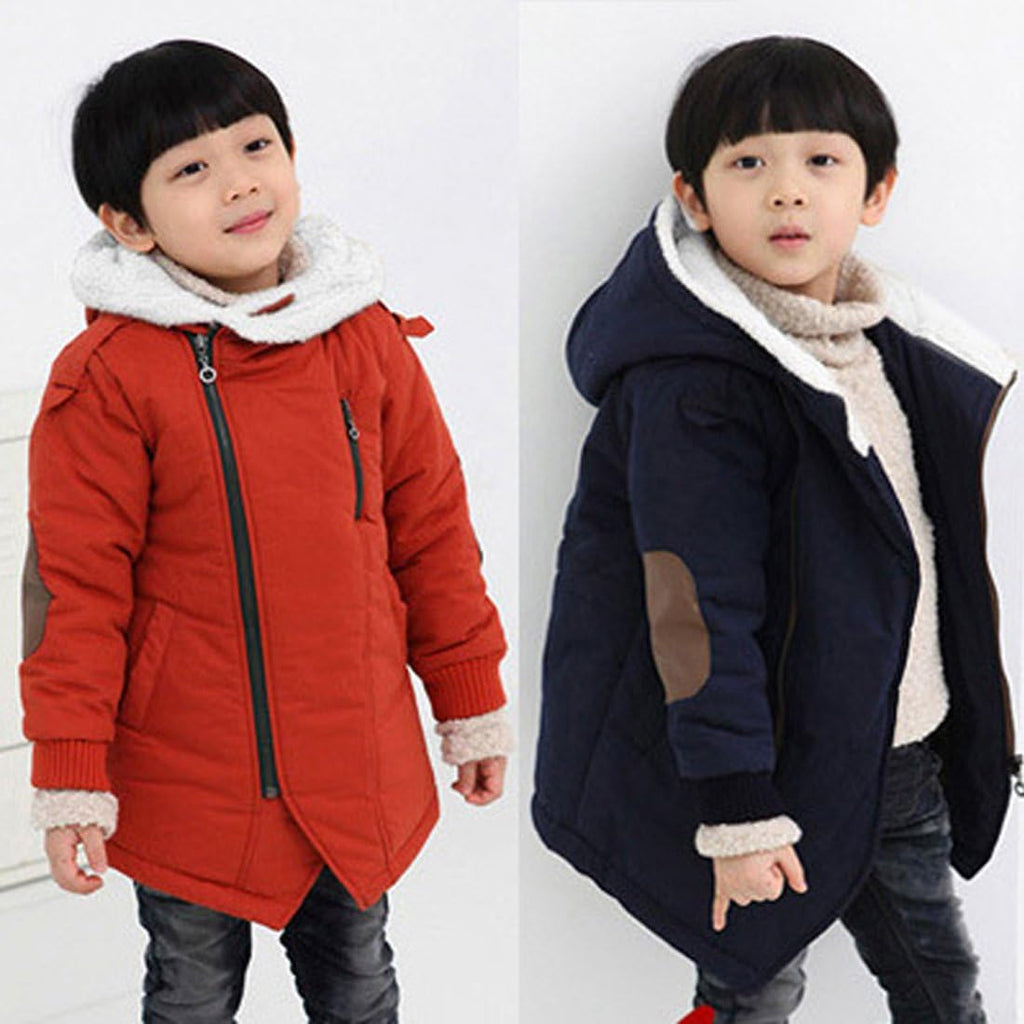 Boys Winter Hooded Down Coat Jacket Thick Wool Inside Kids Warm Faux Fur Outerwear Coat