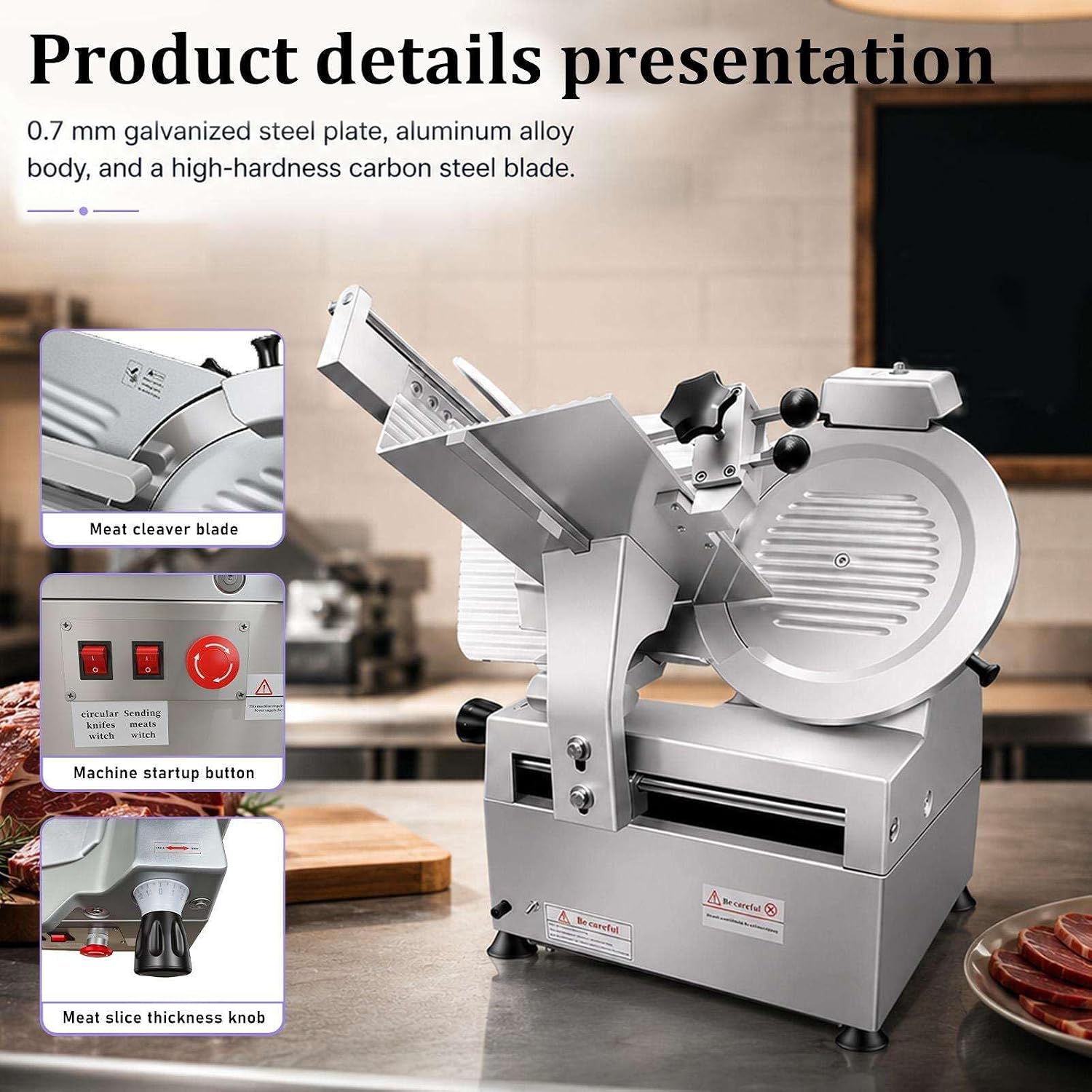 Heavy Duty Commercial Meat Slicer, 550W Automatic Machine with 10 Inch Steel Blade, Adjustable 0-0.24 Inch Thickness