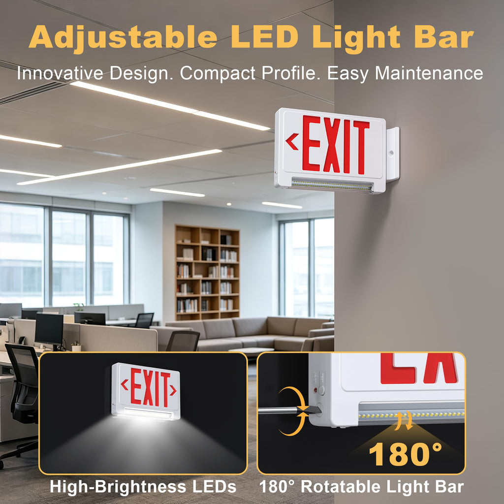 Exit Sign with Emergency Light, Adjustable LED Bar, 90-Min Battery Backup