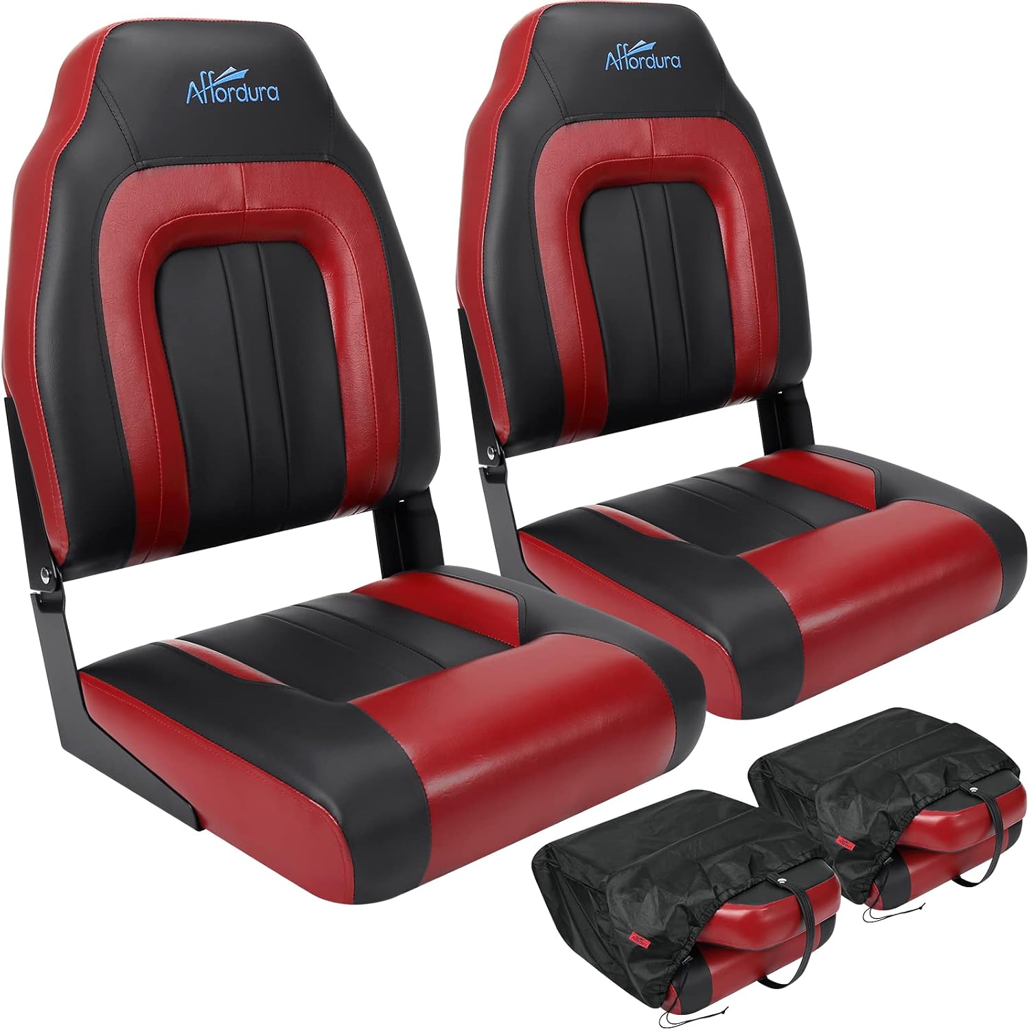 Boat Seat for Boats with 2 Storage Bags High Back Folding Boat Seat Boat Fold Down Seat (2 Packs), Black and Red