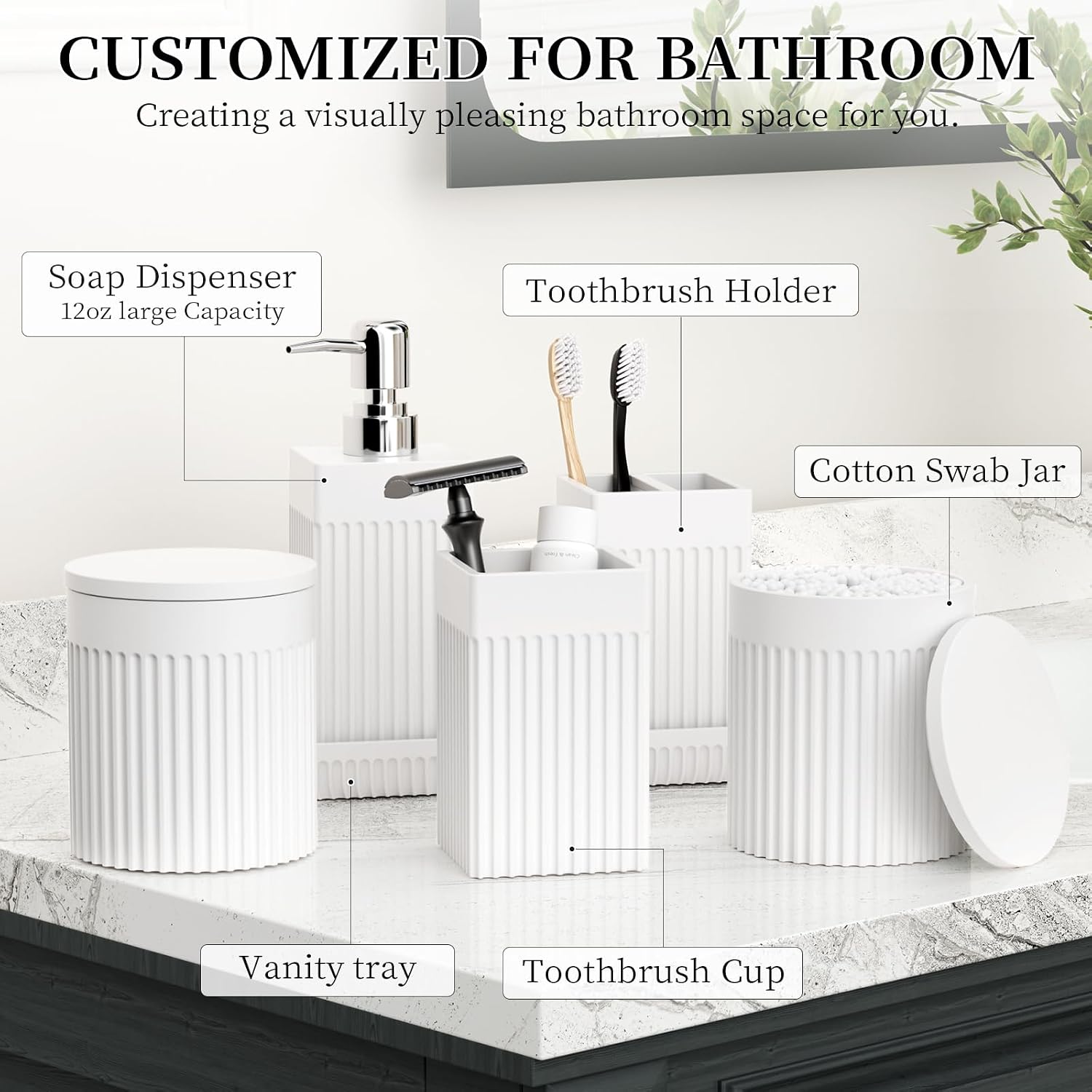 6-Piece White Bathroom Set - Modern Resin Bathroom Accessories Set with Soap Dispenser, Toothbrush Holder, Vanity