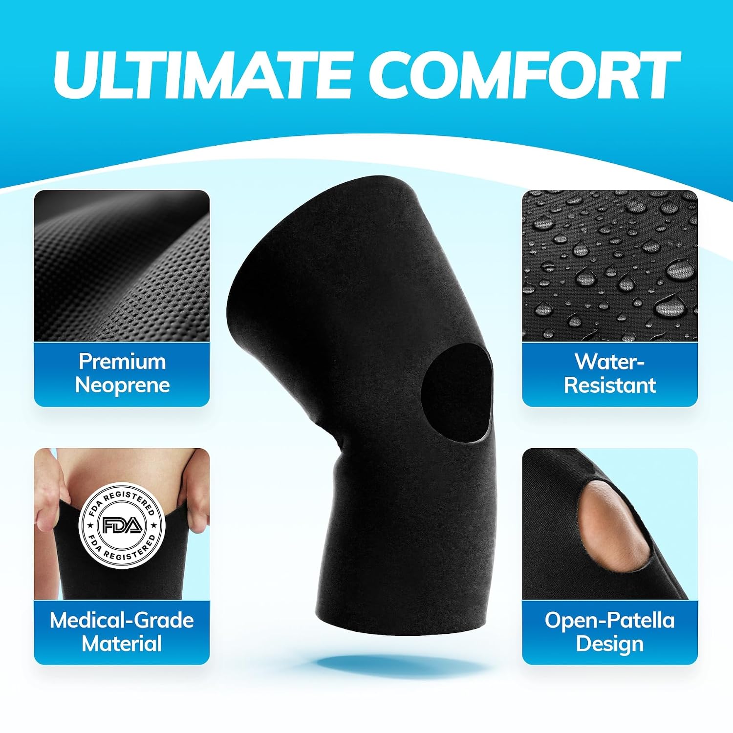Open Patella/Open Back Neoprene Knee Sleeve | Water-Resistant Athletic Compression Knee Brace for Swimming