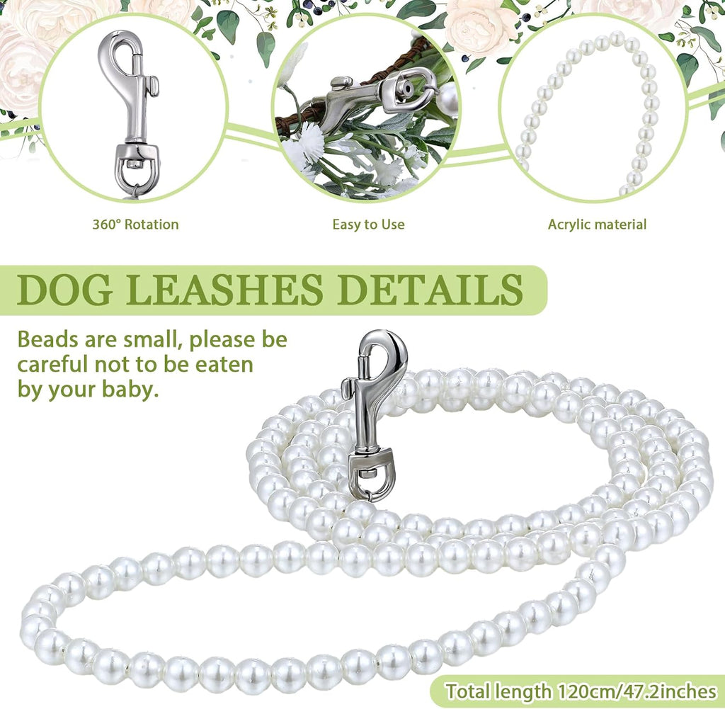 2 Pcs Dog Wedding Flower Collar and Pearl Leash, White,Medium