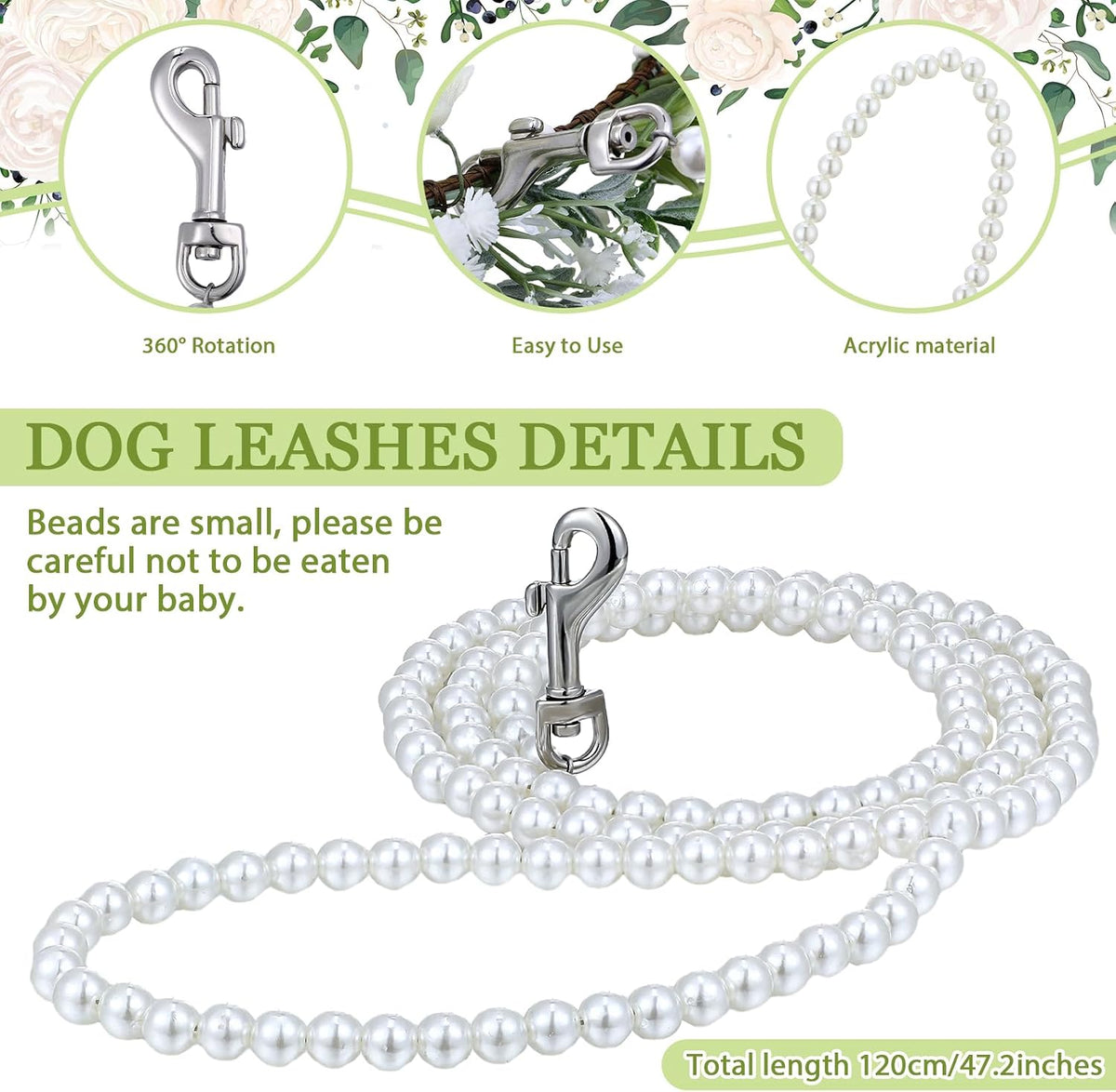 2 Pcs Dog Wedding Flower Collar and Pearl Leash, White,Medium