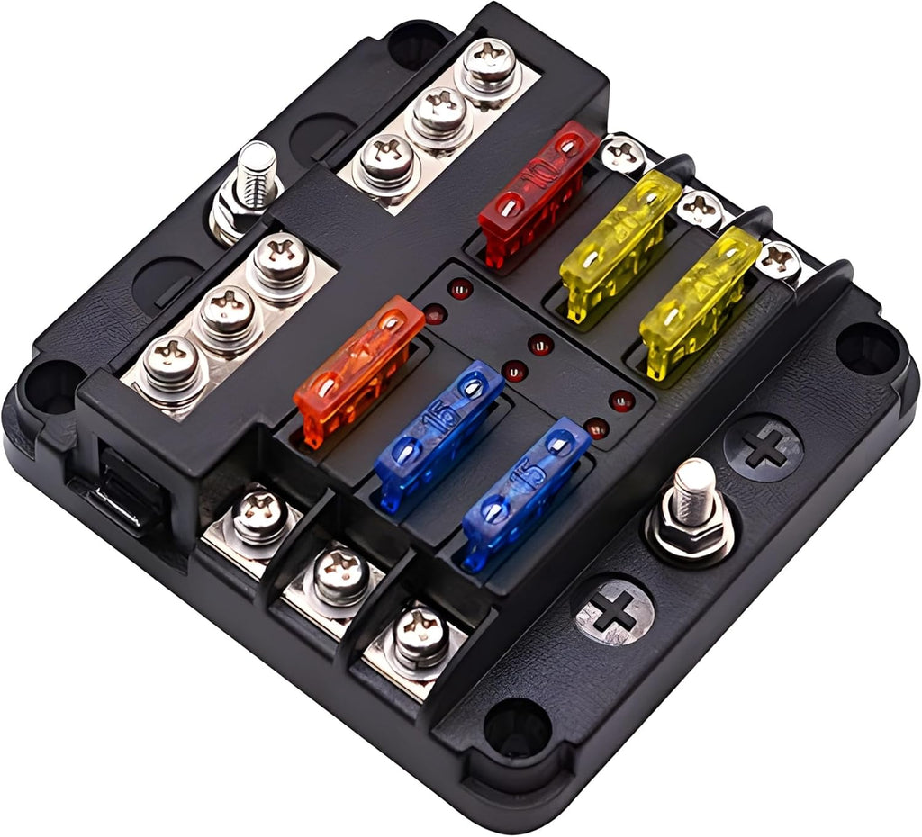 12 Volt Fuse Block, Waterproof 6 Way Fuse Box with 6 Ground Negative Busbar for Automotive[100 Amp Max] [LED