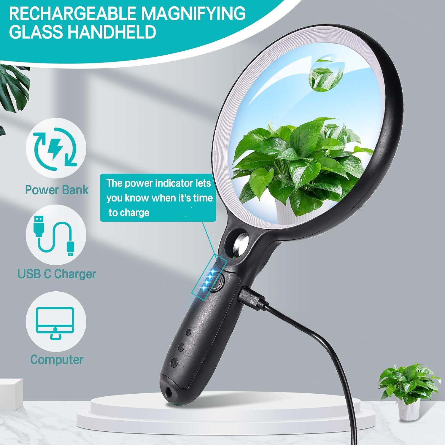 Large Magnifying Glass with 37 LED Light, 10X 20X 45X Handheld Illuminated Lighted Magnifier with 3 Light Modes