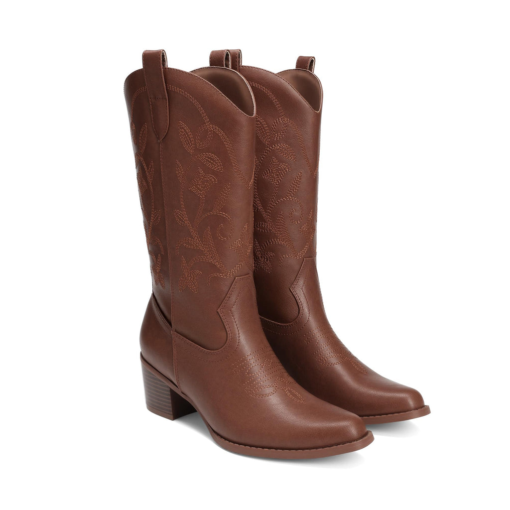 Women's Western Mid Calf Boots Cowboy,Brown,7.5