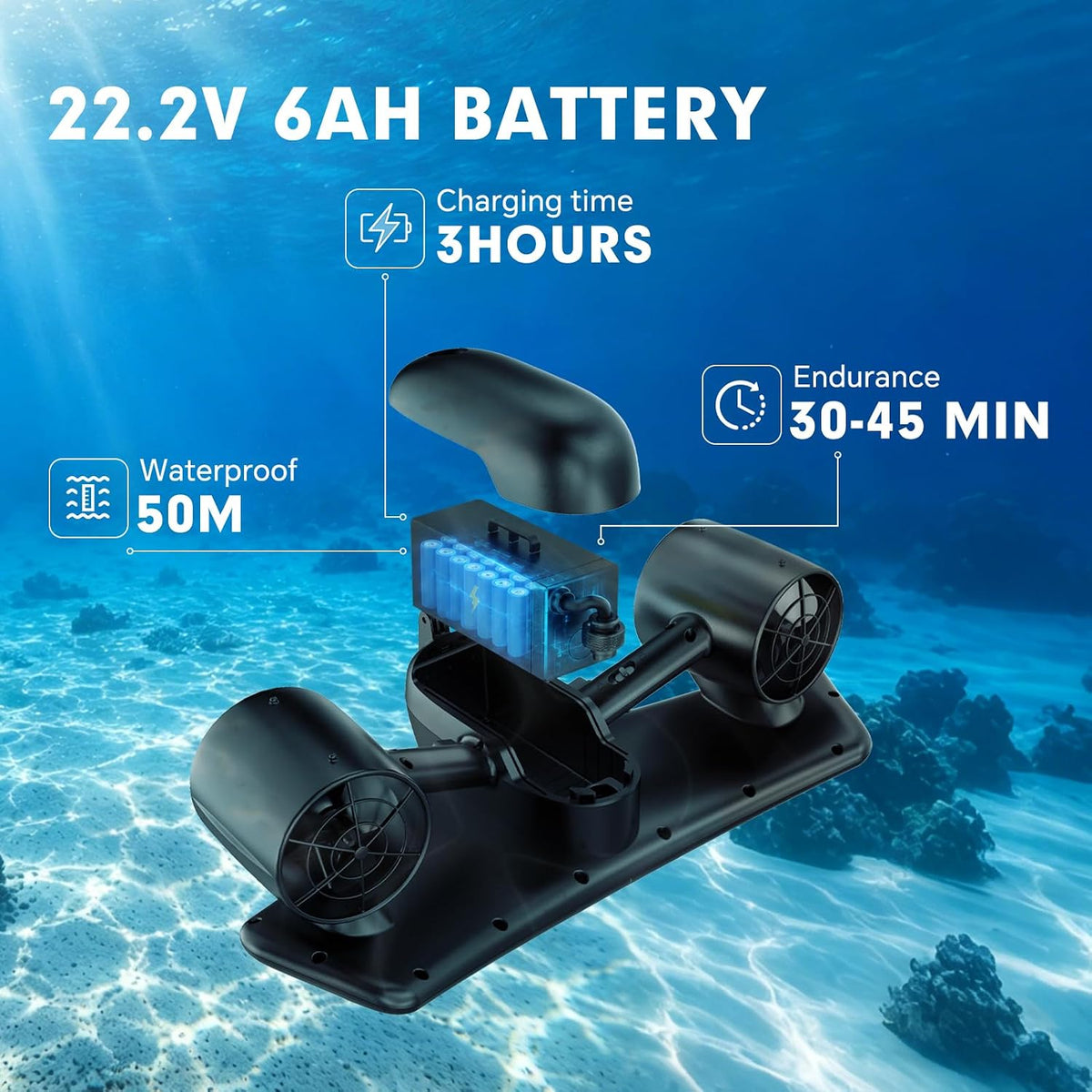 Underwater Scooter with Action Camera Mount, 26lbf Sea Scooter 30 Minutes Water Scooter for Adults 50M Waterproof