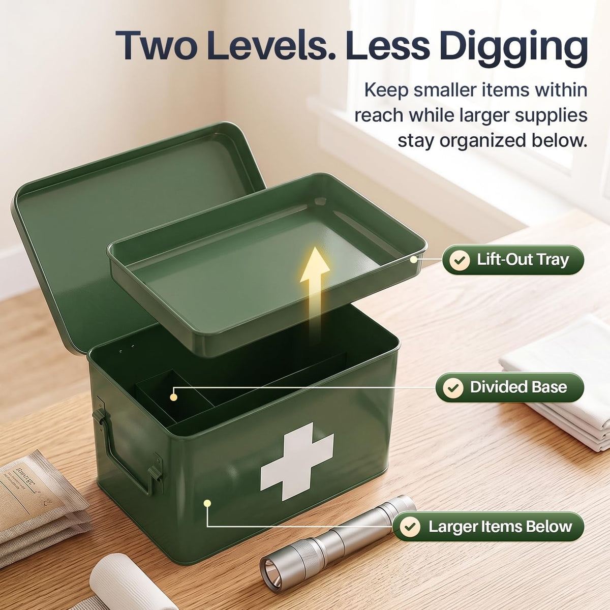 Large Metal First Aid Box Empty, 8.5-Inch, Green with White Cross