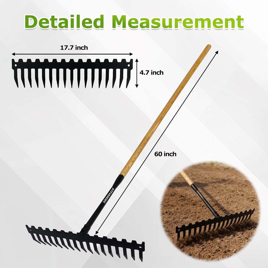 Garden Rake, 60" Wooden Handle with 17-Tine Metal Bow Rake, Secure Fit | Stop Back Pain! Rock Rake Heavy Duty for