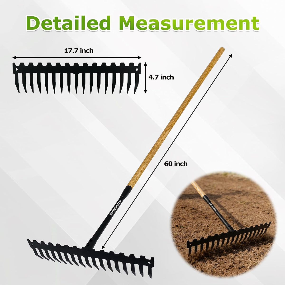 Garden Rake, 60" Wooden Handle with 17-Tine Metal Bow Rake, Secure Fit | Stop Back Pain! Rock Rake Heavy Duty for