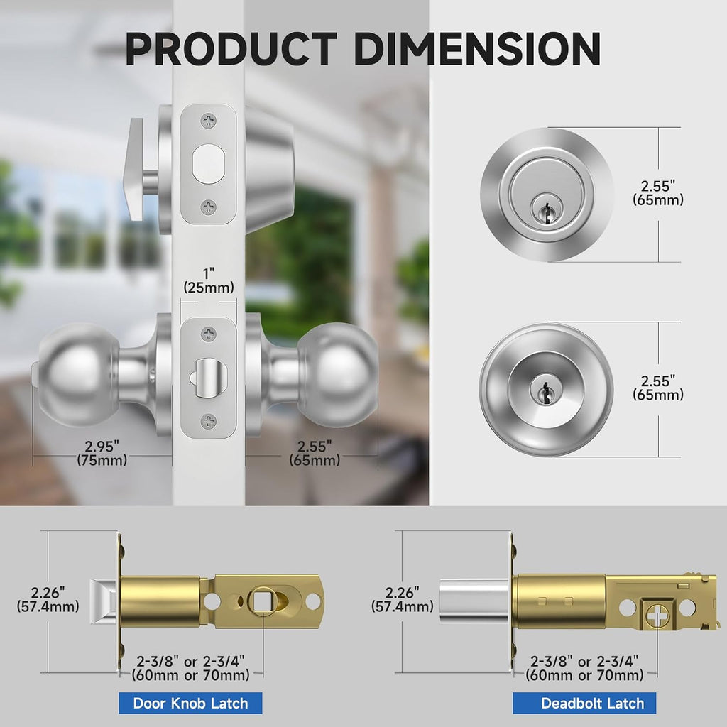 2 Pack Exterior Door Lock Set with Deadbolt Lock, Keyed Alike Satin Nickel Entry Door Knobs and Single Cylinder