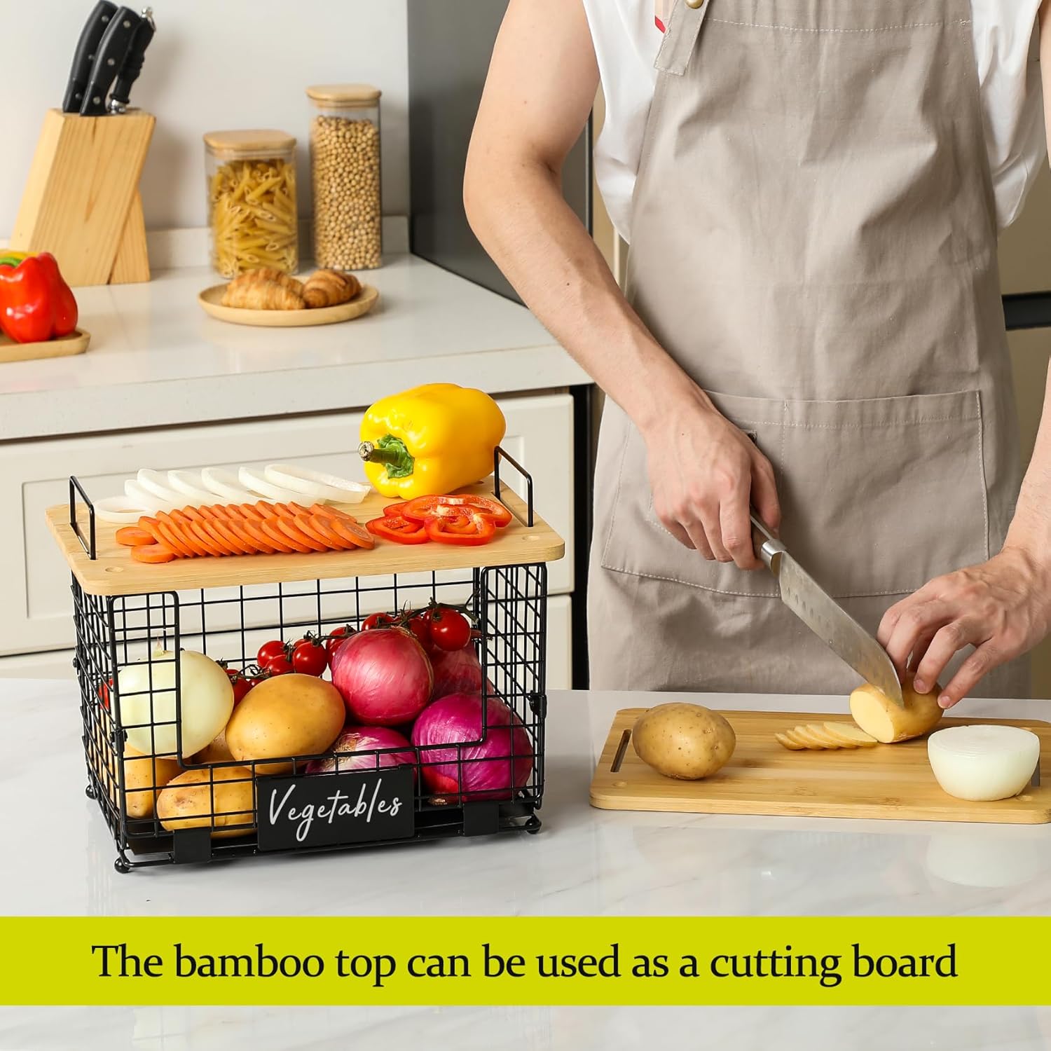 2 Set XL Stackable Wire Basket with Bamboo Tops & Tags- Pantry Organizer and Storage Bins, Kitchen Counter Cabinet