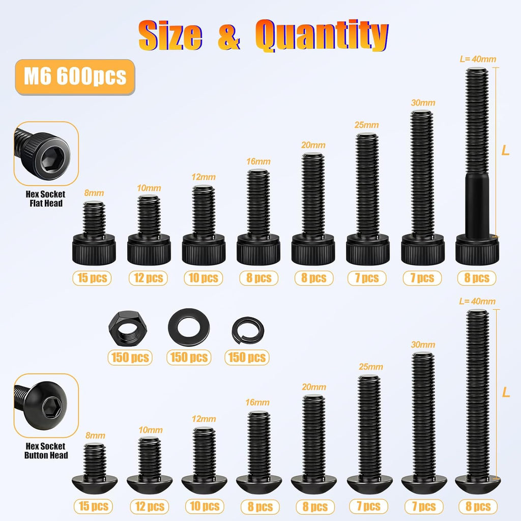 KADRICK 600PCS M6 Screws Assortment,Hex Socket Button & Cap Head M6 Bolts