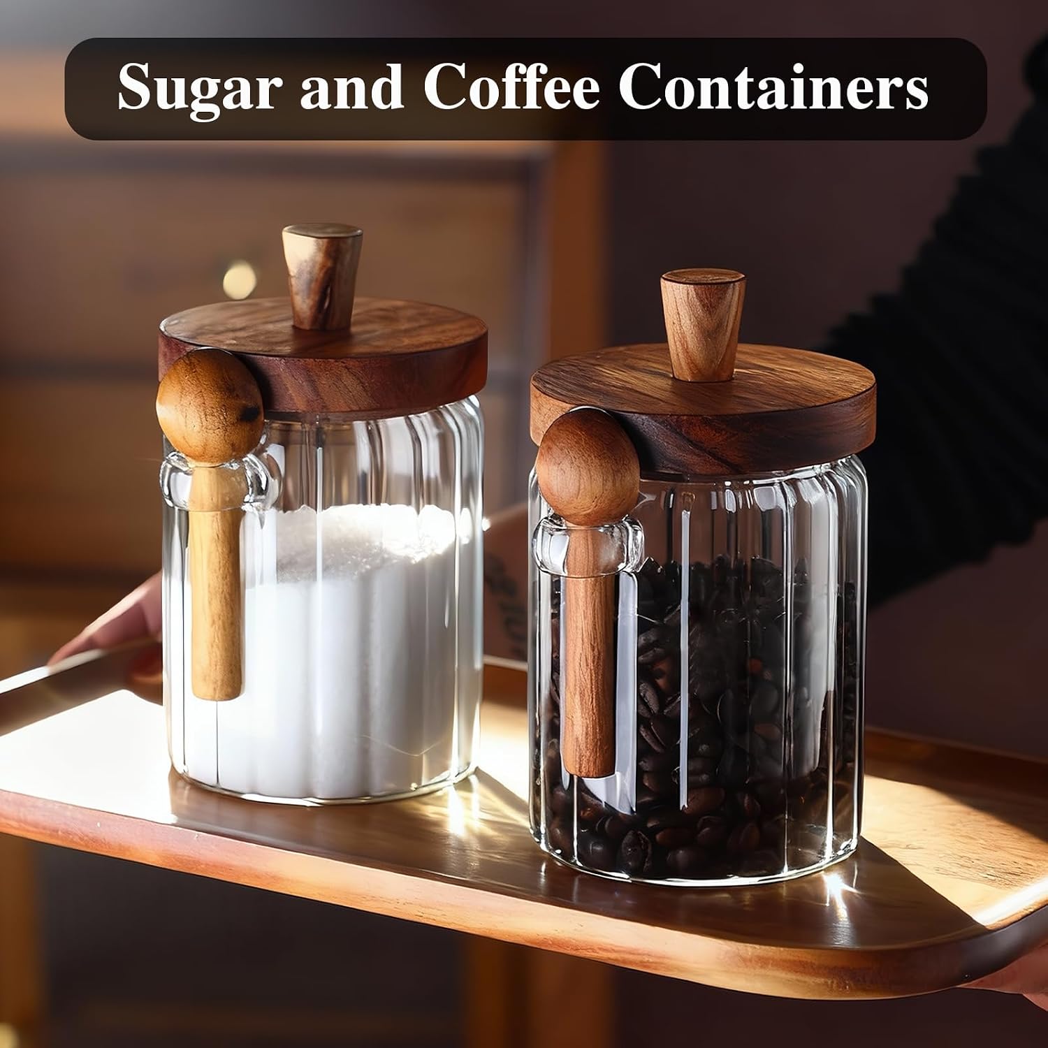 Coffee Canister, Coffee Container with Wooden Spoon and Lid, Ribbed Design, Airtight Storage Jar for Coffee