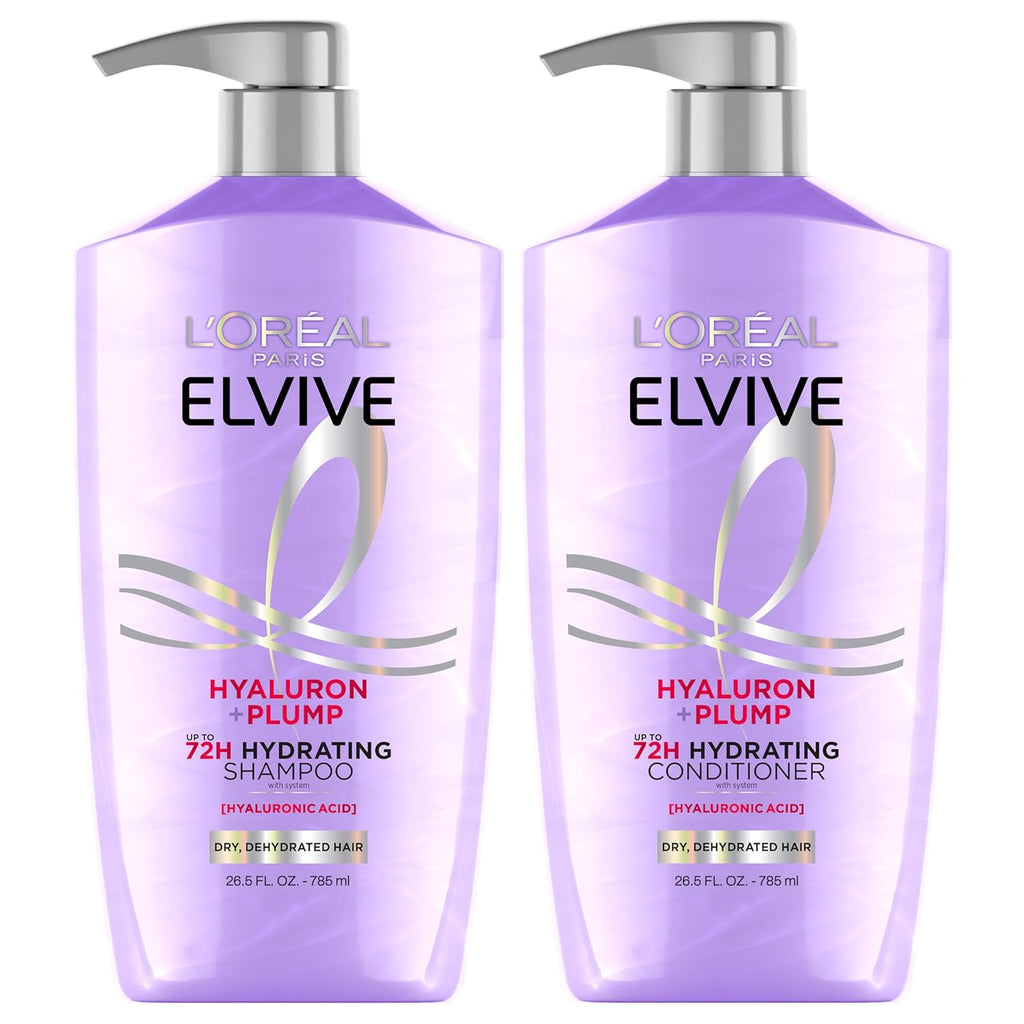 Elvive Hyaluron Plump Shampoo and Conditioner Set for Dry, Dehydrated Hair, 72H Hydrating Hair Care, Infused with