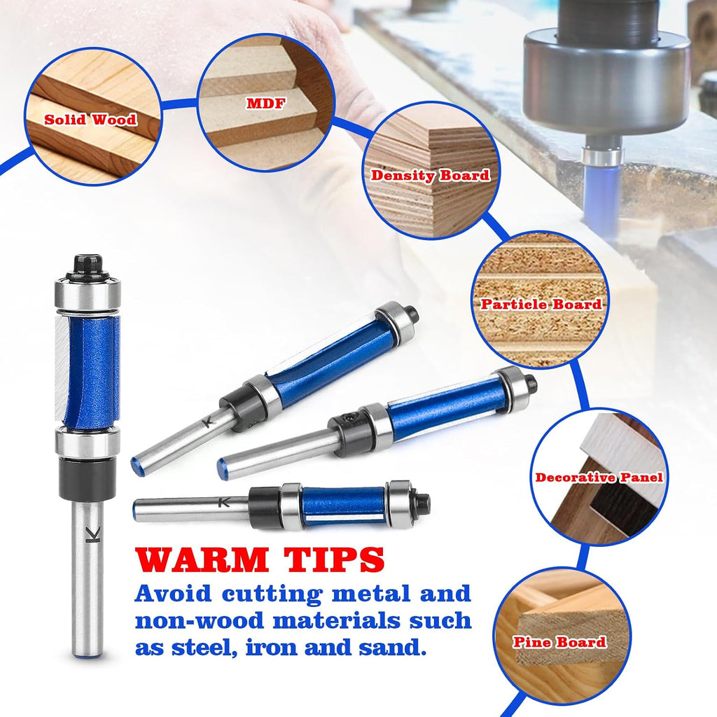 Top and Bottom Bearing Flush Trim Router Bit 1/4" Shank, 1-1/2" Cut Length | 1/2" Cutting Diameter, Carbide Pattern